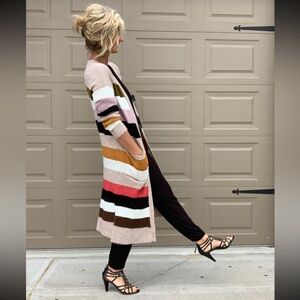 Allison Joy Striped Long Cardigan in Pink, Mustard, Black, White, Brown